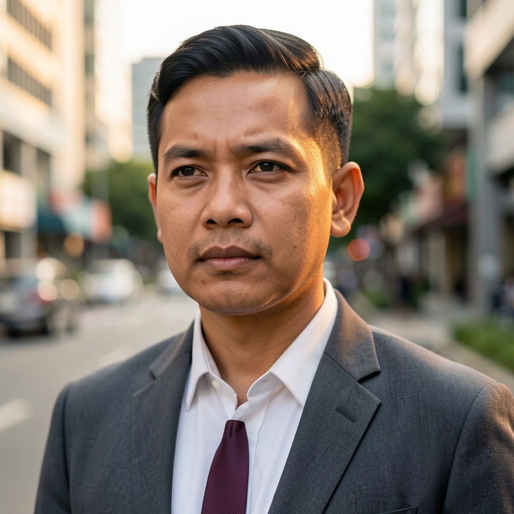 Male editorial portrait of Adrian Setiawan, warm natural light, thoughtful expression, outdoor urban setting