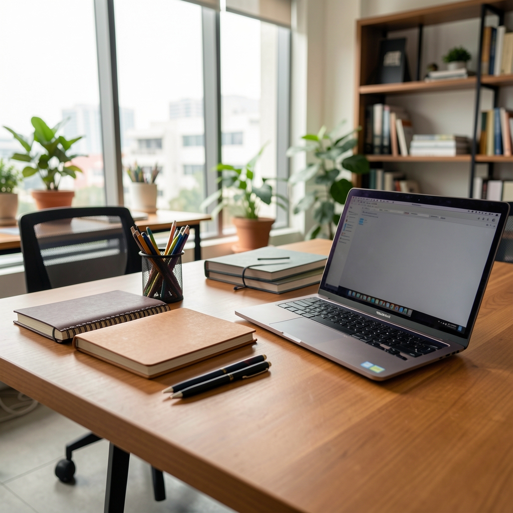 Editorial workspace image showing notebooks and laptop on a warm desk, Jakarta editorial office setting