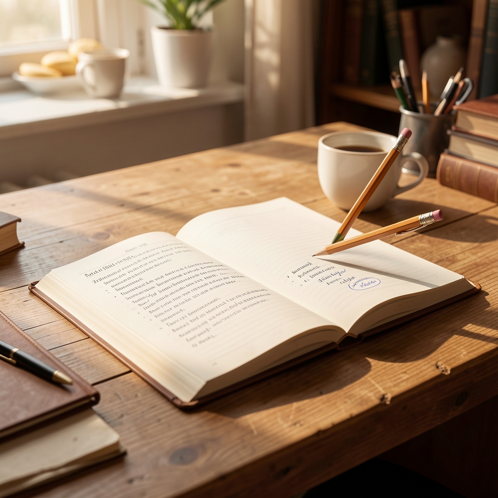 Open nutrition journal on wooden desk in morning light, pencil marking supplement notes, warm editorial atmosphere
