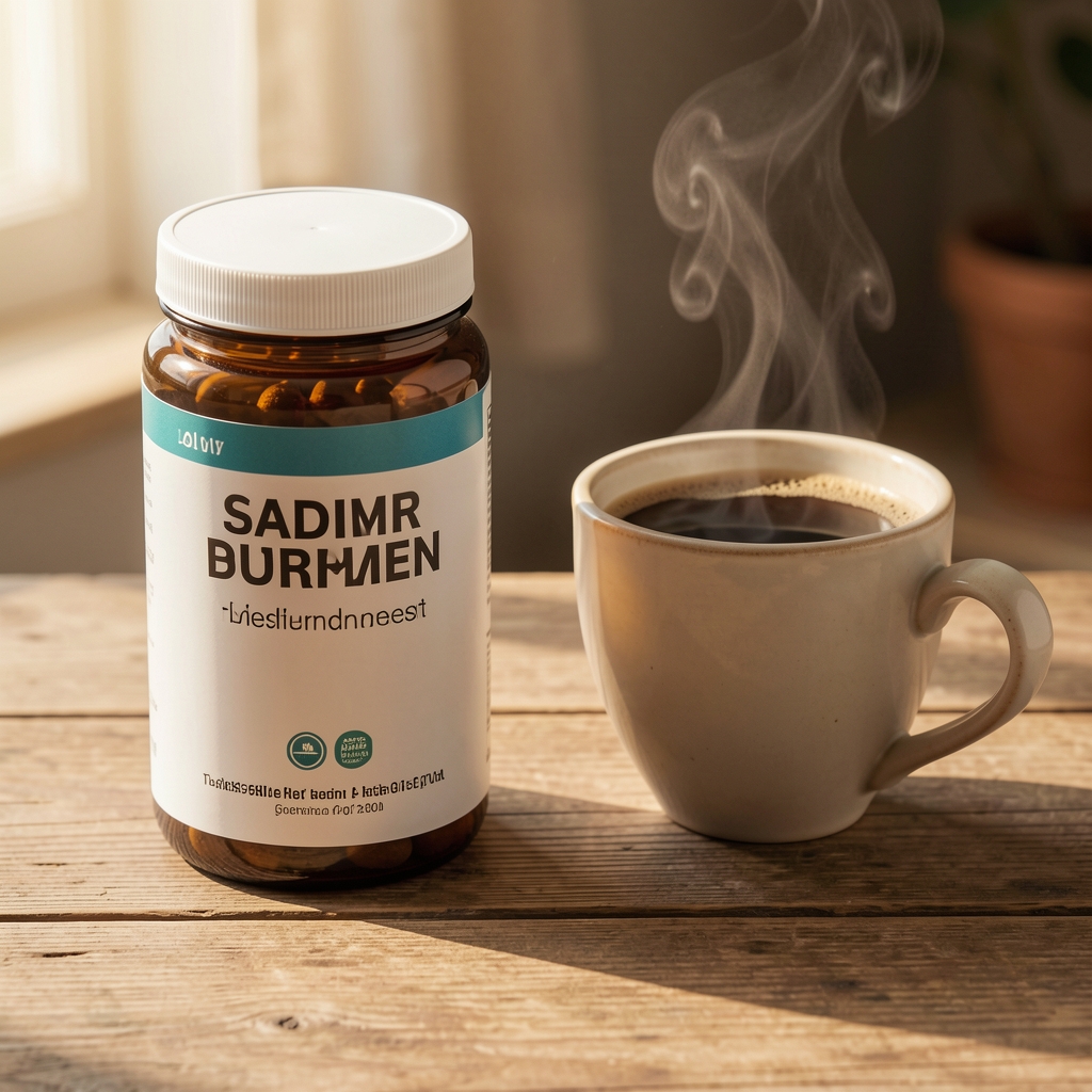 Editorial still life showing supplement container alongside a morning coffee cup on a wooden surface, warm natural light