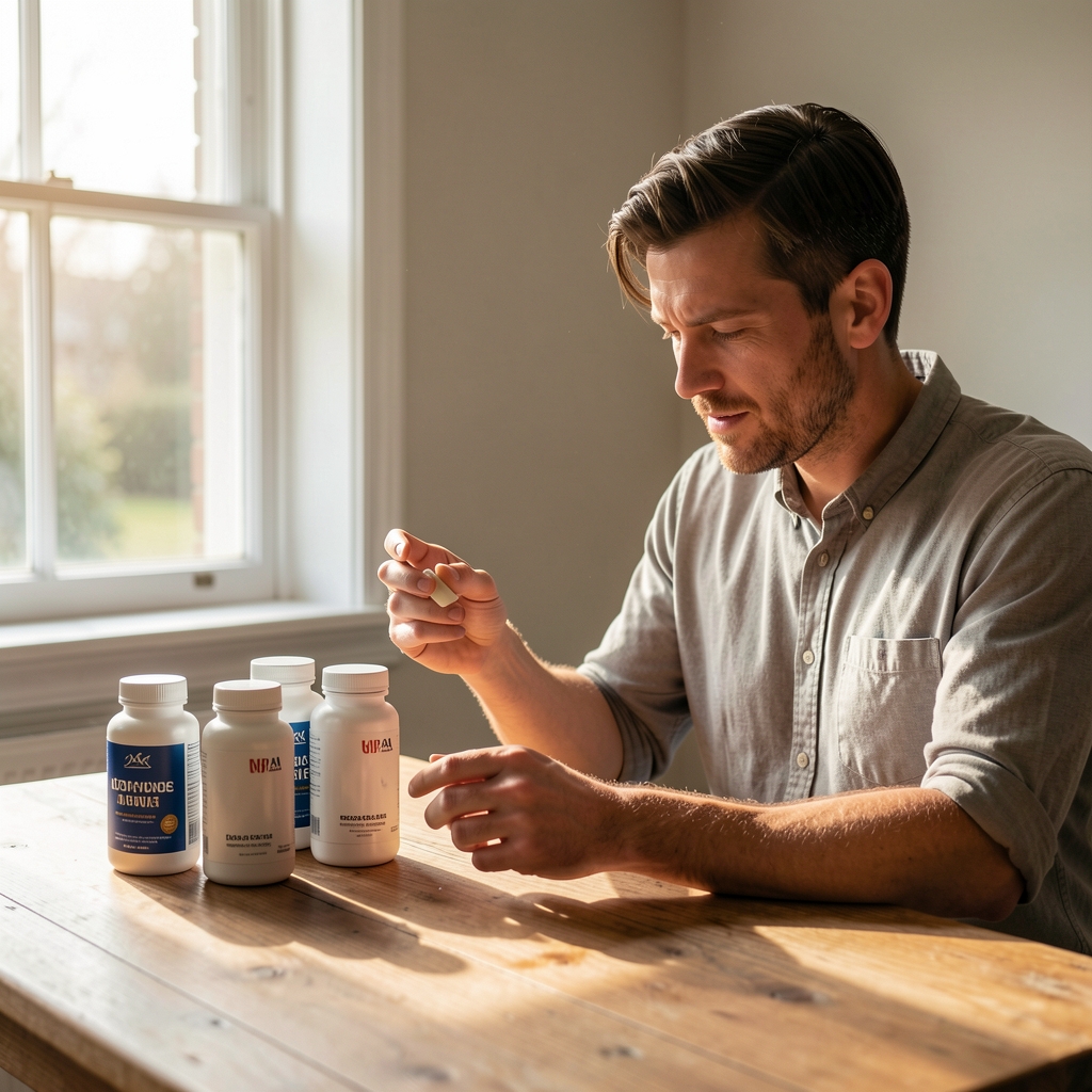 Man reviewing supplement containers at a wooden table, morning light streaming through window, editorial composition