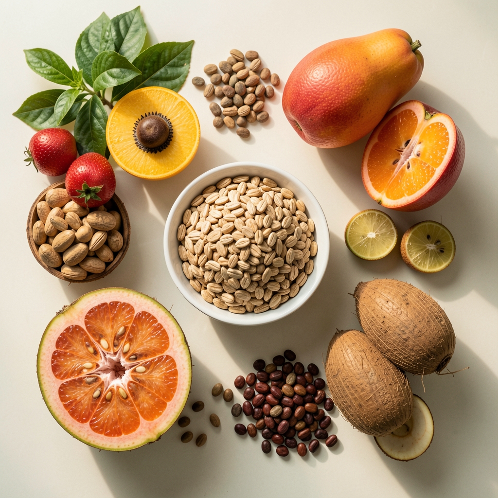 Tropical fruits, legumes and whole foods arranged on a pale surface in editorial flat lay composition, natural Jakarta daylight