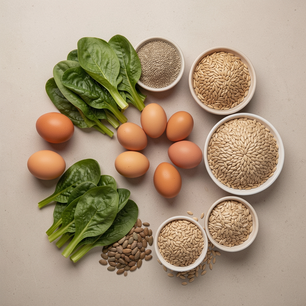 Colourful whole foods arranged on neutral surface including eggs, leafy greens, seeds, and whole grains, overhead editorial